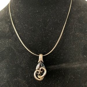 Black teardrop silver pendant necklace